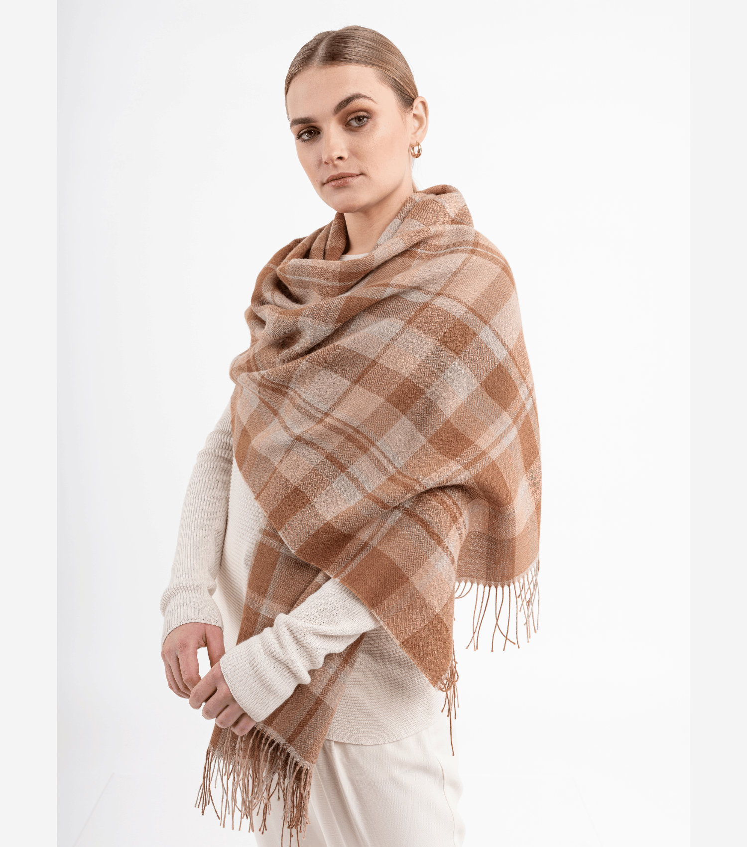 Classic Plaid Baby Alpaca Shawl - Camel and Beige