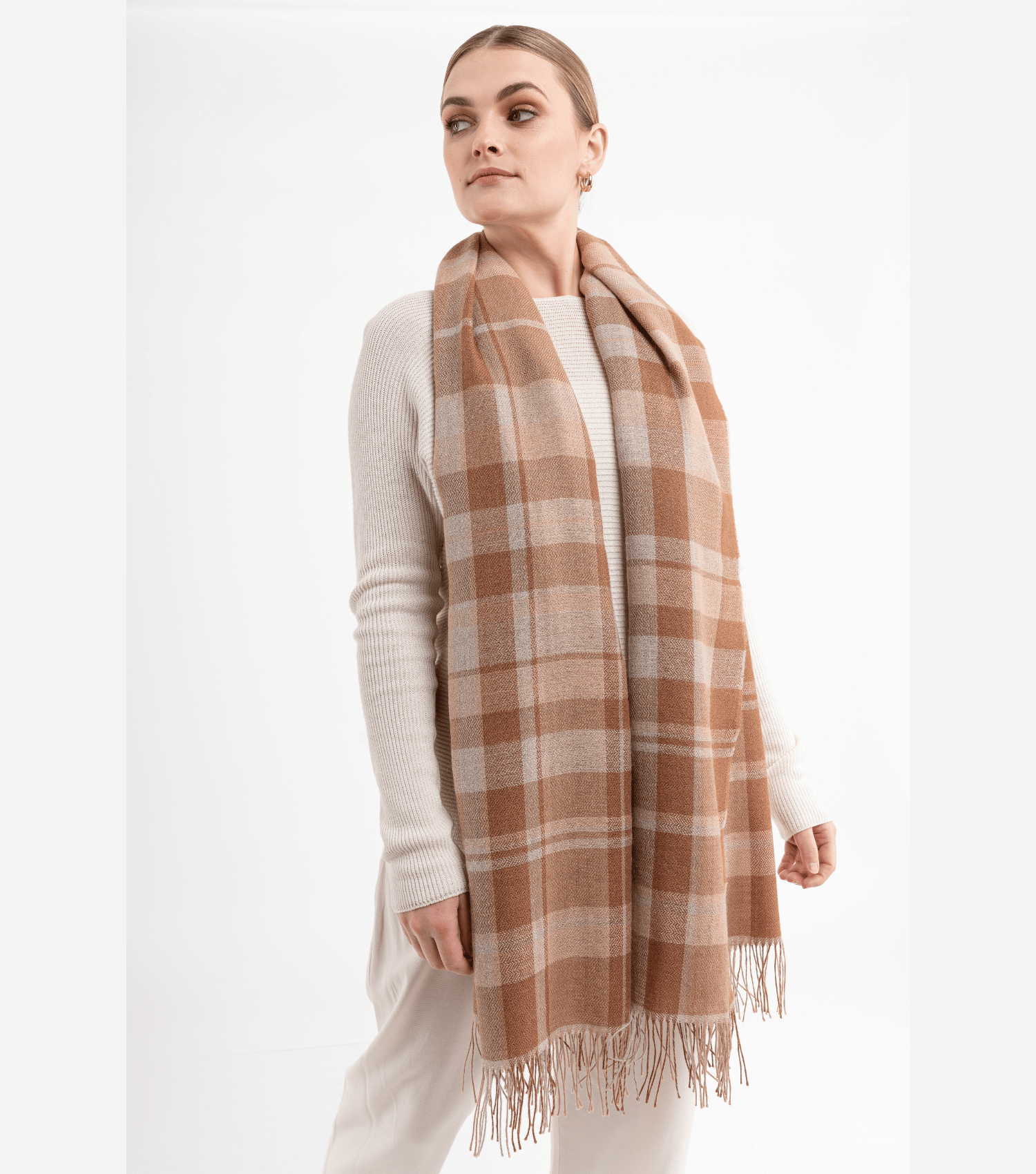 Classic Plaid Baby Alpaca Shawl - Camel and Beige