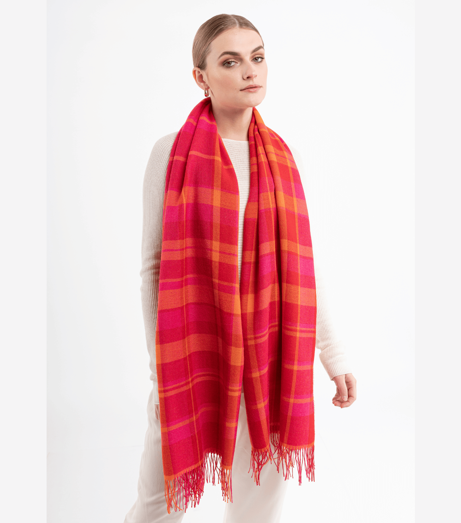 Classic Plaid Baby Alpaca Shawl - Fuchsia, Red and Yellow