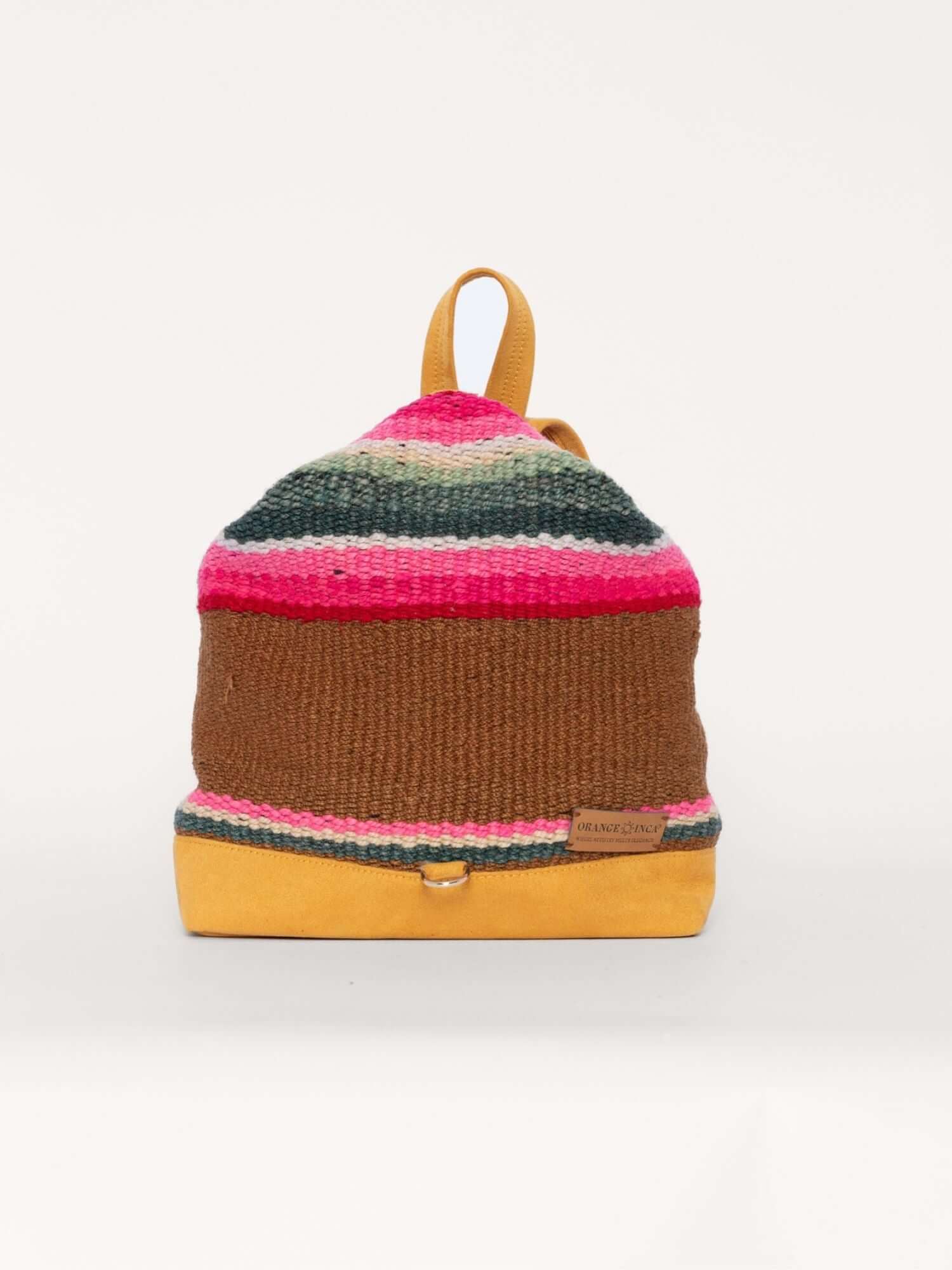 Convertible wool and yellow suede backpack – colourful handmade backpack with top zip closure and boho appeal