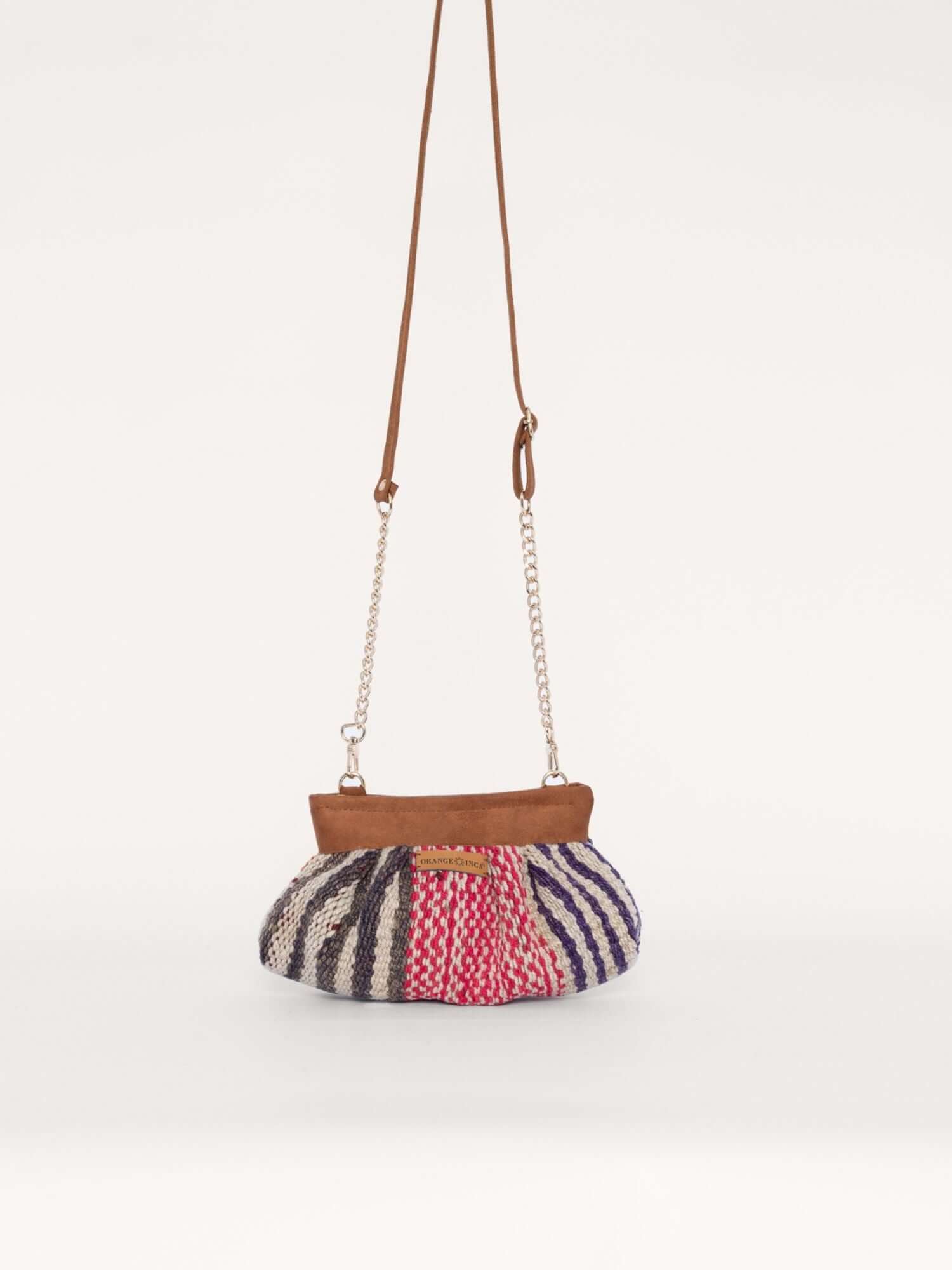 Sol wool crossbody pouch hanging from gold chain strap – camel suede trim | Orange Inca