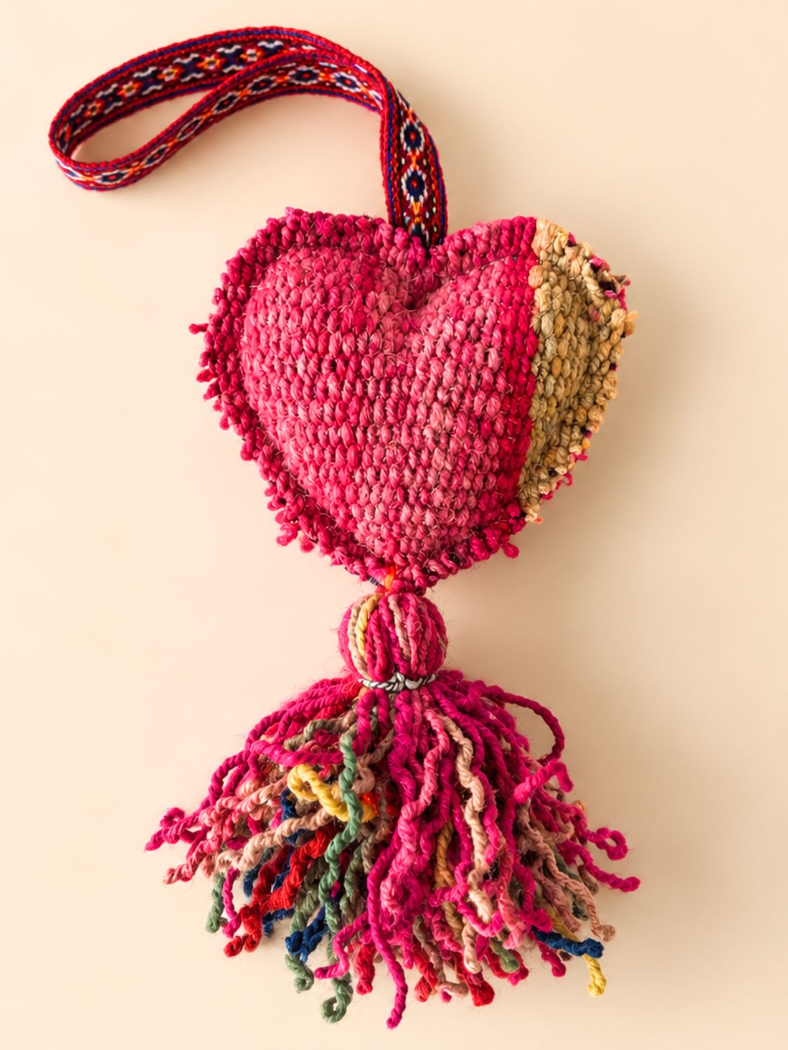 Large heart wool tassel cut from naturally dyed Peruvian frazada, with a multicolour tassel – handmade bag charm | Tasselita by Orange Inca