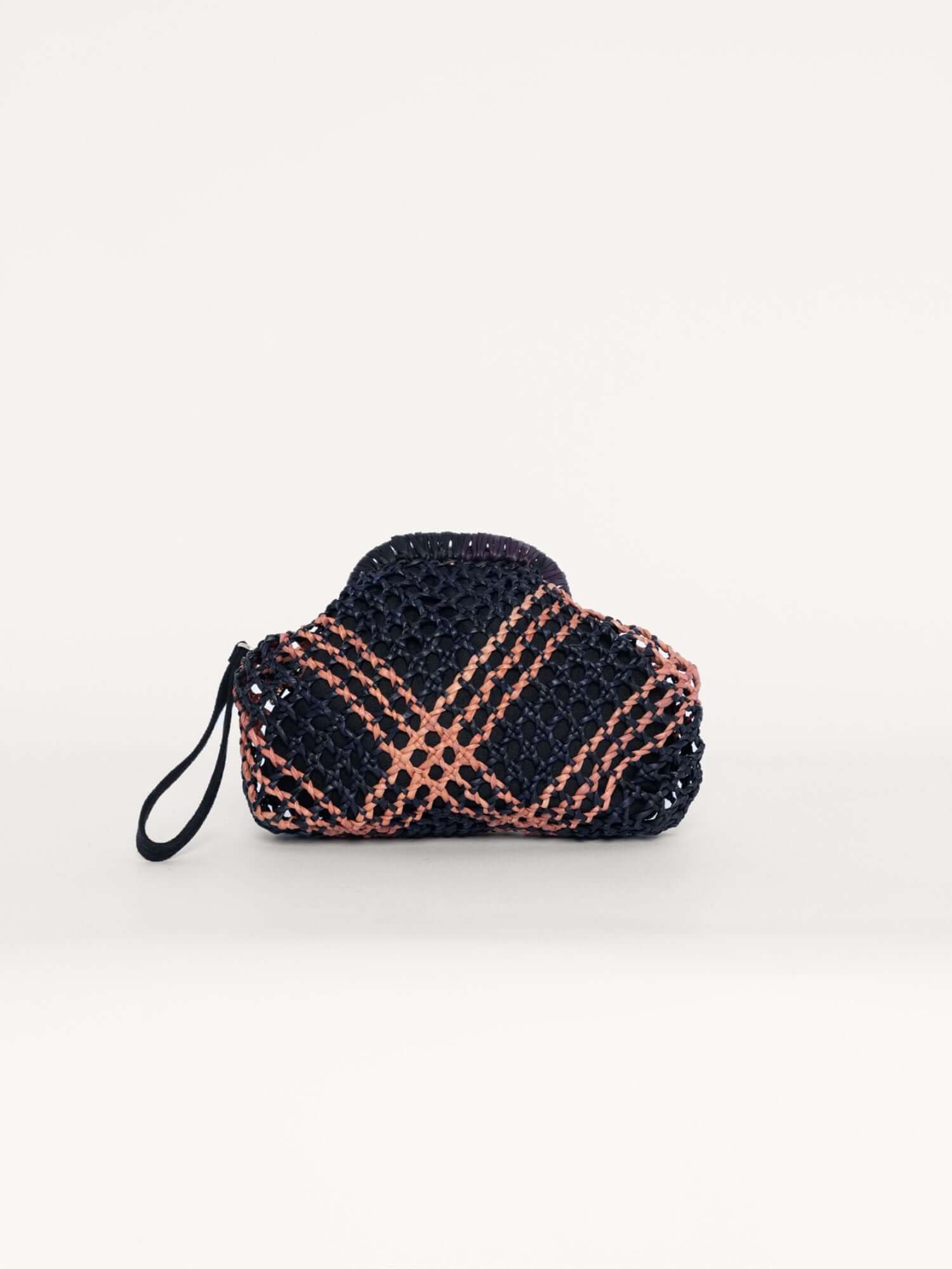 Camel and black frame clutch bag – artisan kiss lock purse handcrafted with woven fibres