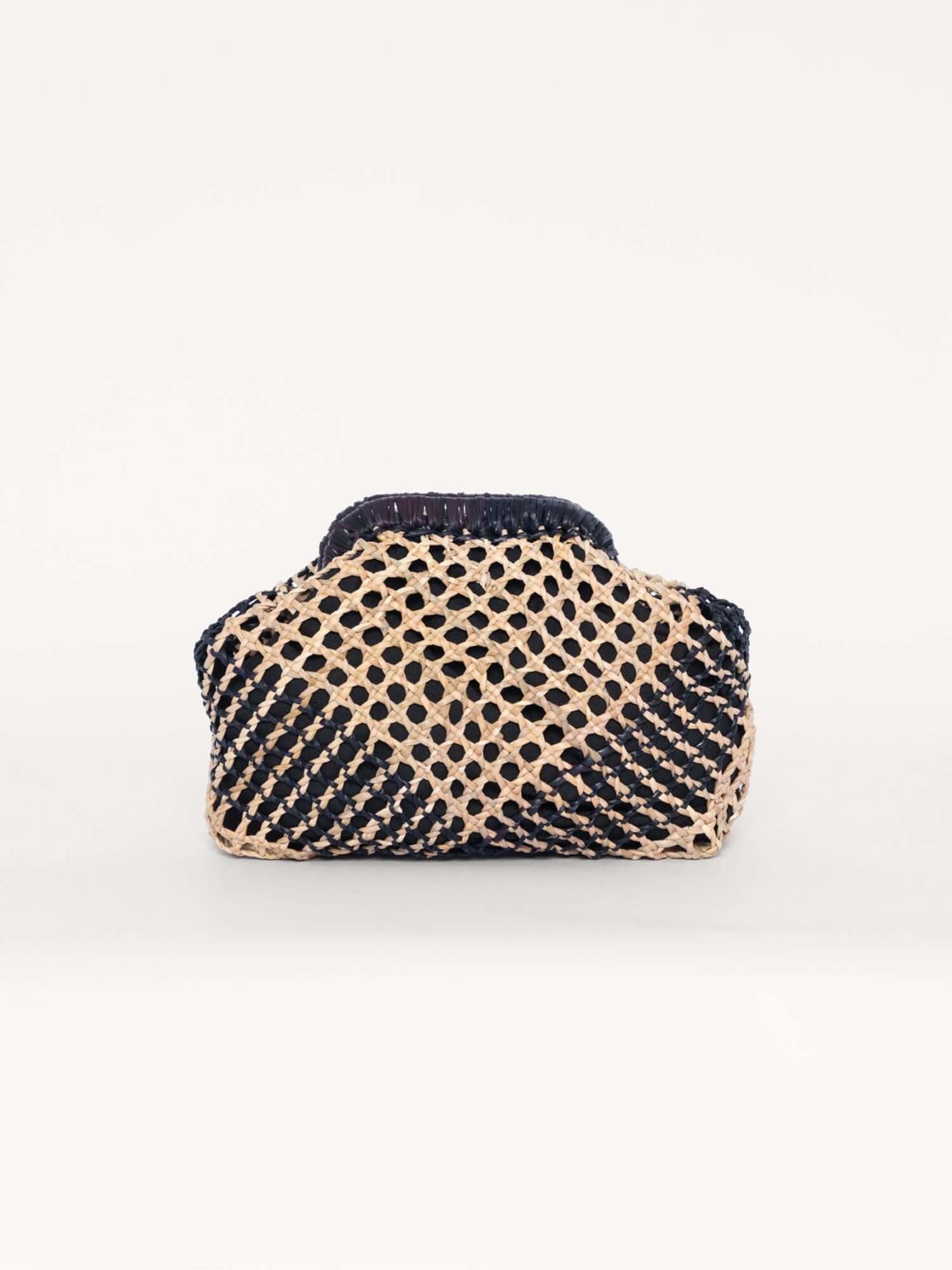 Wristlet frame clutch in black and natural – handmade woven purse with removable strap