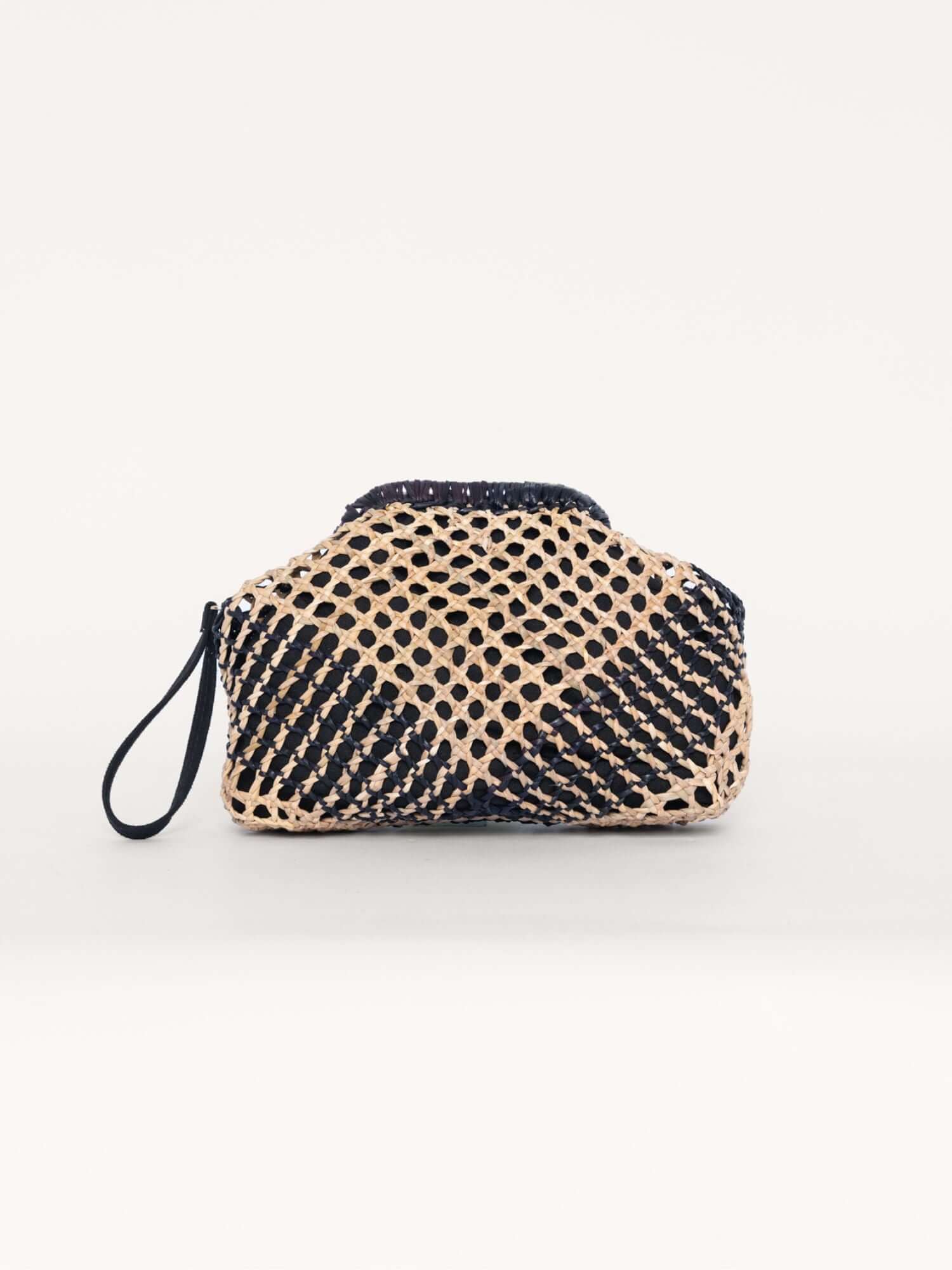 Large black and natural kiss lock clutch bag – artisan frame purse handmade with natural fibres