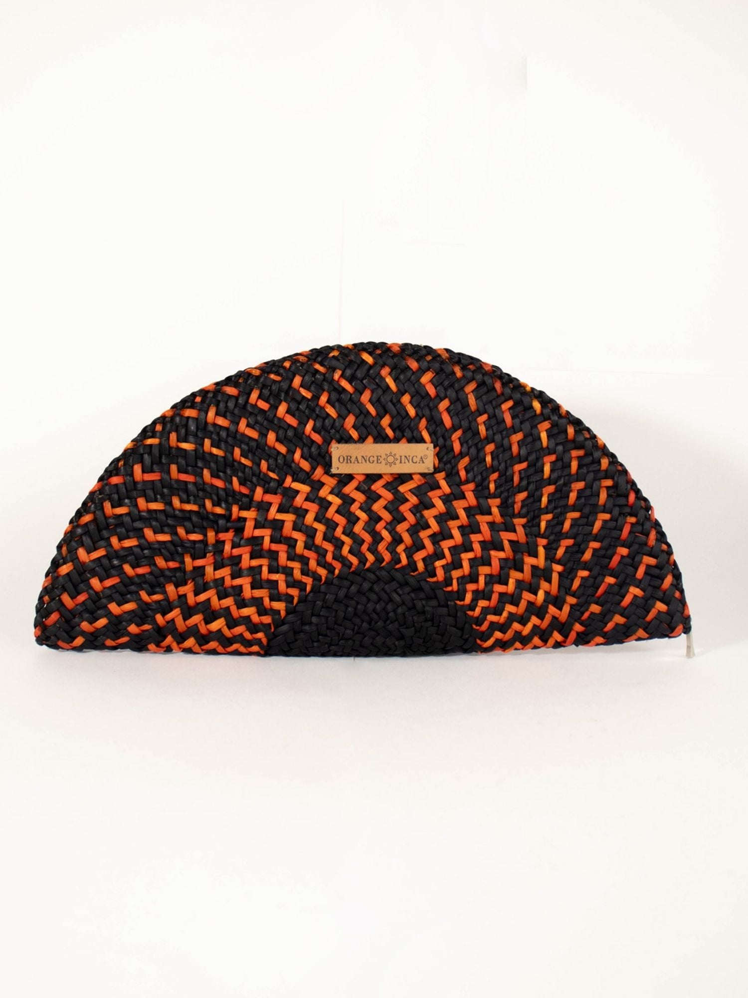 Flamenco Clutch – Black & Orange, fan-shaped handwoven straw clutch | Orange Inca