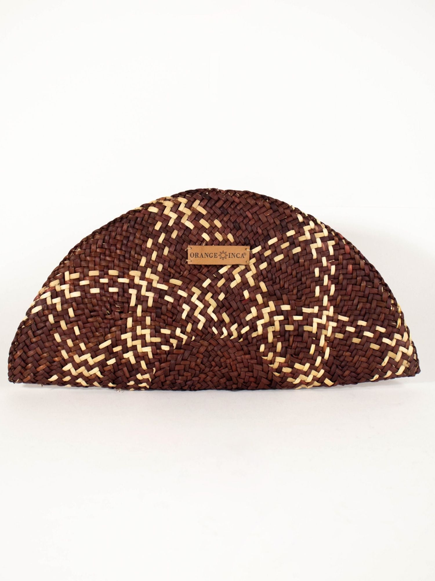 Flamenco Clutch – Brown, fan-shaped handwoven straw clutch | Orange Inca