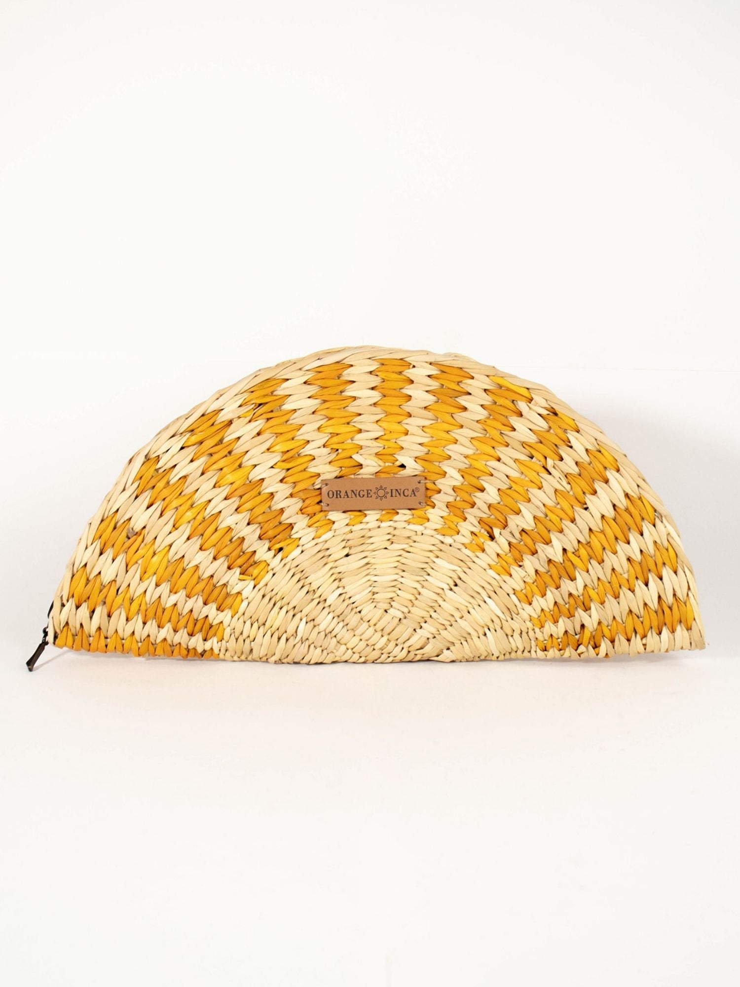 Flamenco Clutch – Natural & Yellow, fan-shaped handwoven straw clutch | Orange Inca