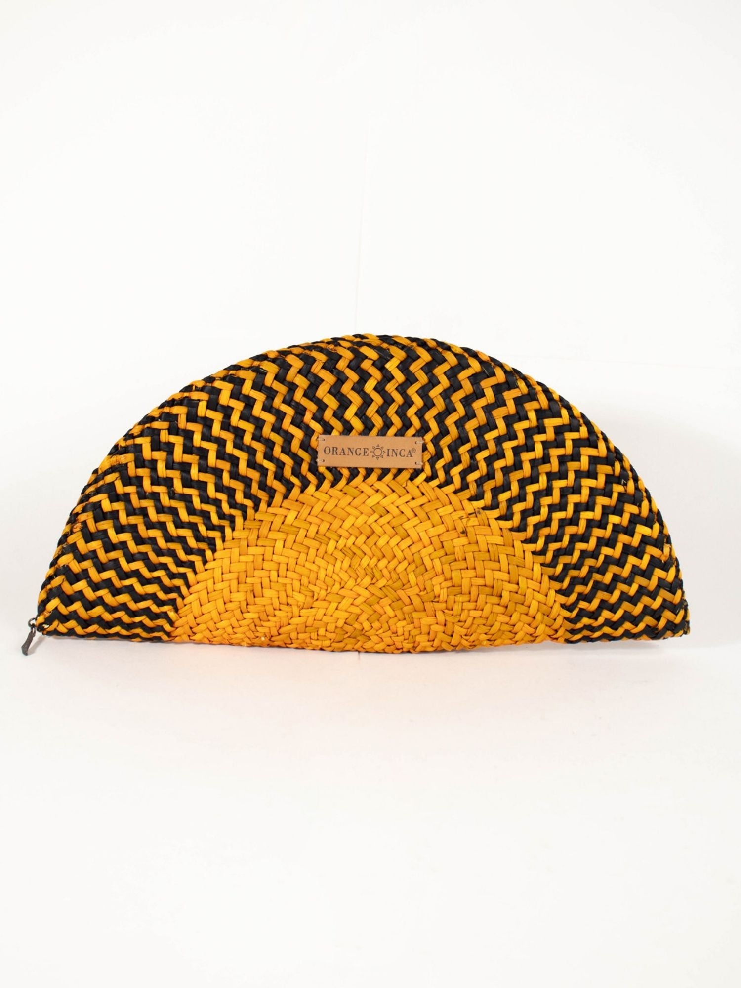 Flamenco Clutch – Yellow & Black, fan-shaped handwoven straw clutch | Orange Inca