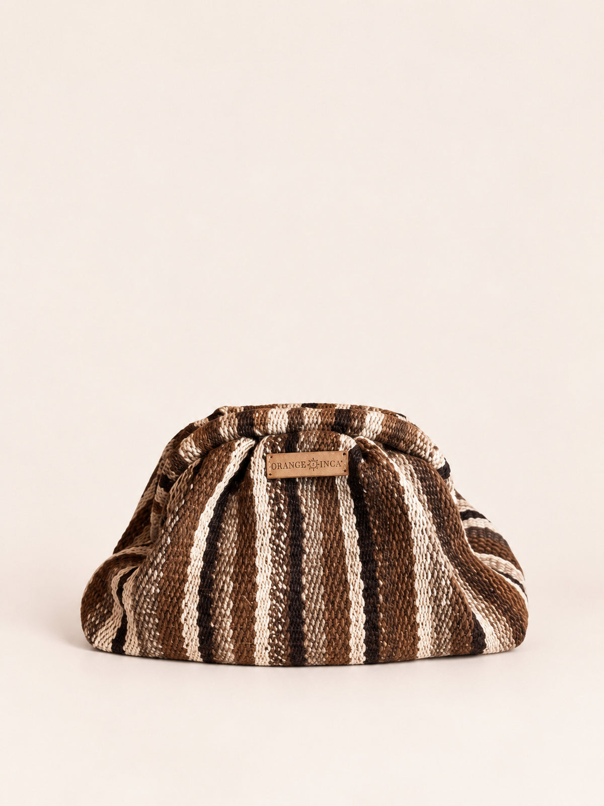 Luna kiss lock clutch in browns, black and ivory – handwoven Peruvian sheep and alpaca wool, front view | Orange Inca