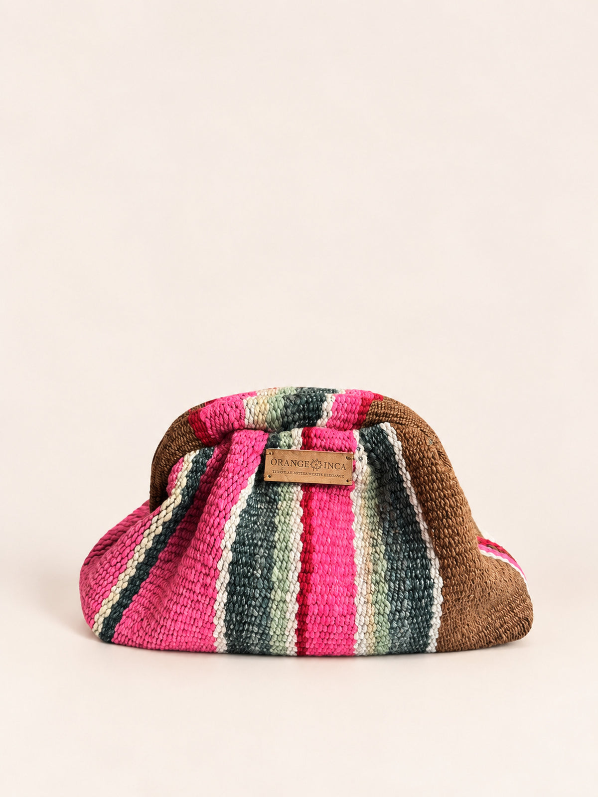 Luna kiss lock clutch in browns, fuchsia and greens – handwoven Peruvian sheep and alpaca wool, front view | Orange Inca