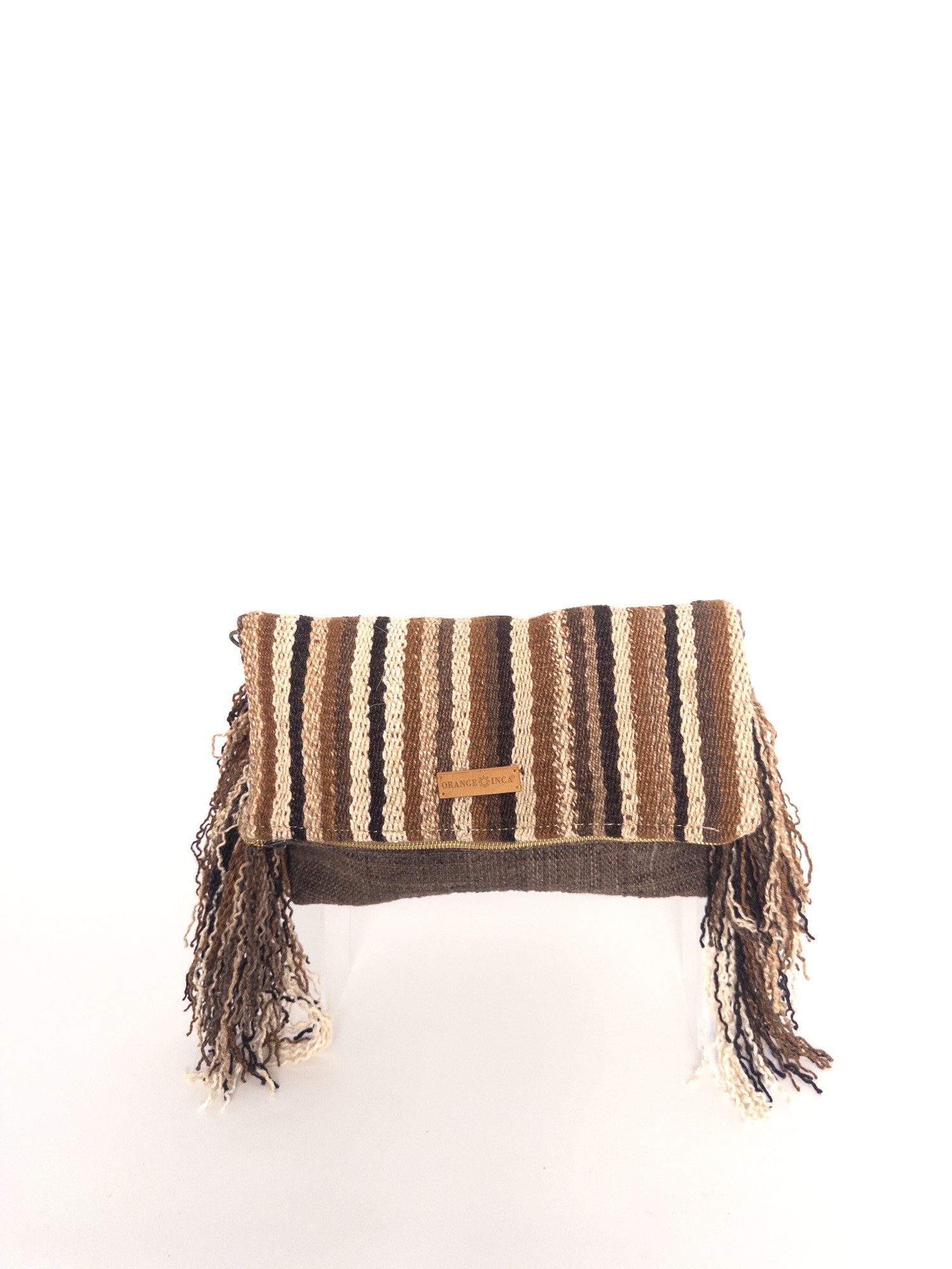 Manta Fringe Clutch - Browns and Ivory Stripes