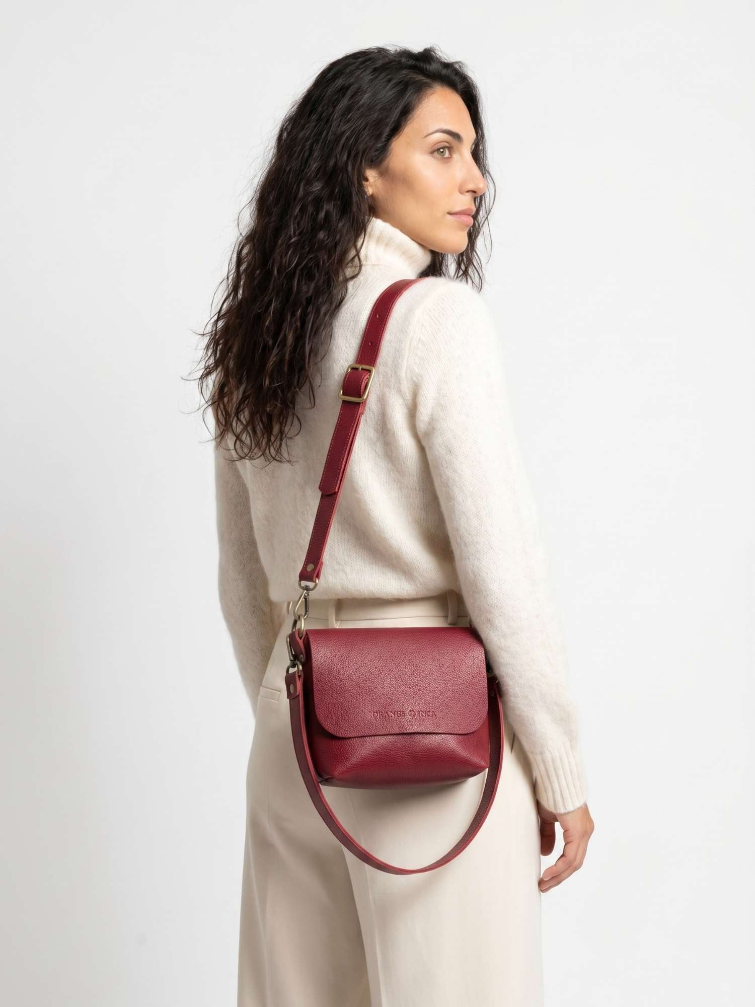 The Olivia Burgundy leather crossbody — back view with both straps attached, full-grain leather | Orange Inca