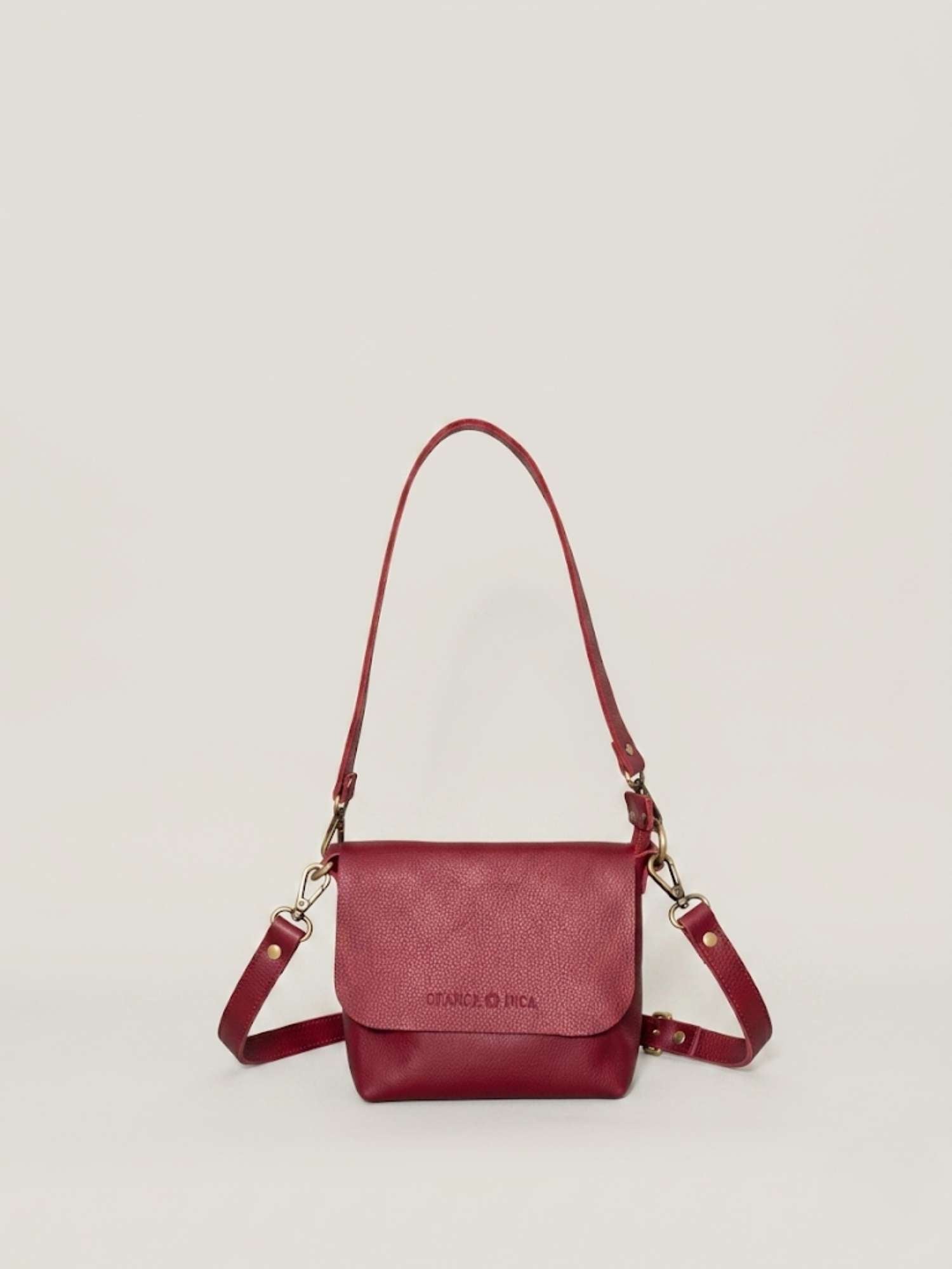 Burgundy Olivia leather crossbody — shoulder strap fitted, soft tumbled leather | Orange Inca