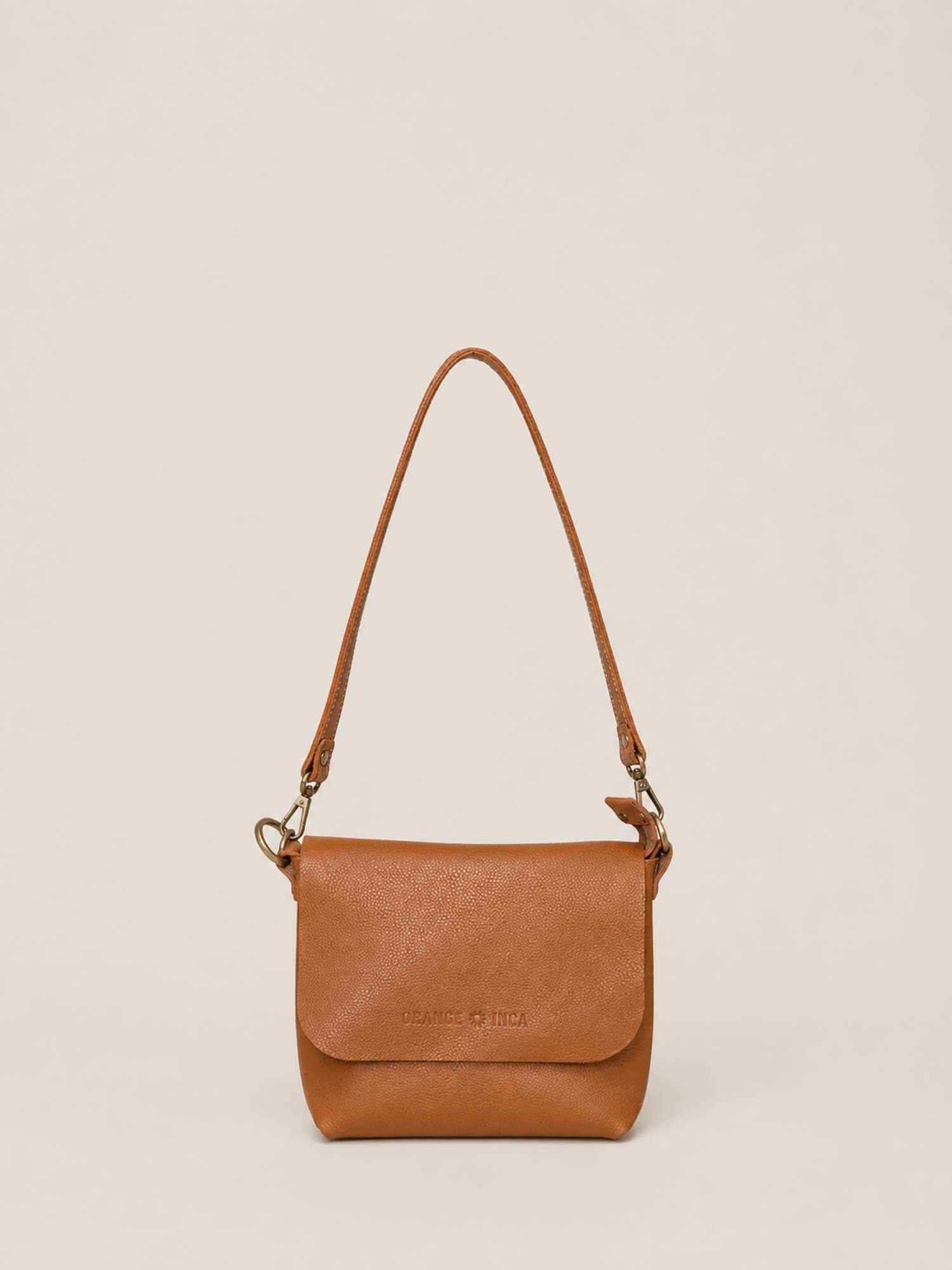 Cognac Olivia leather crossbody — shoulder strap fitted, soft tumbled leather | Orange Inca
