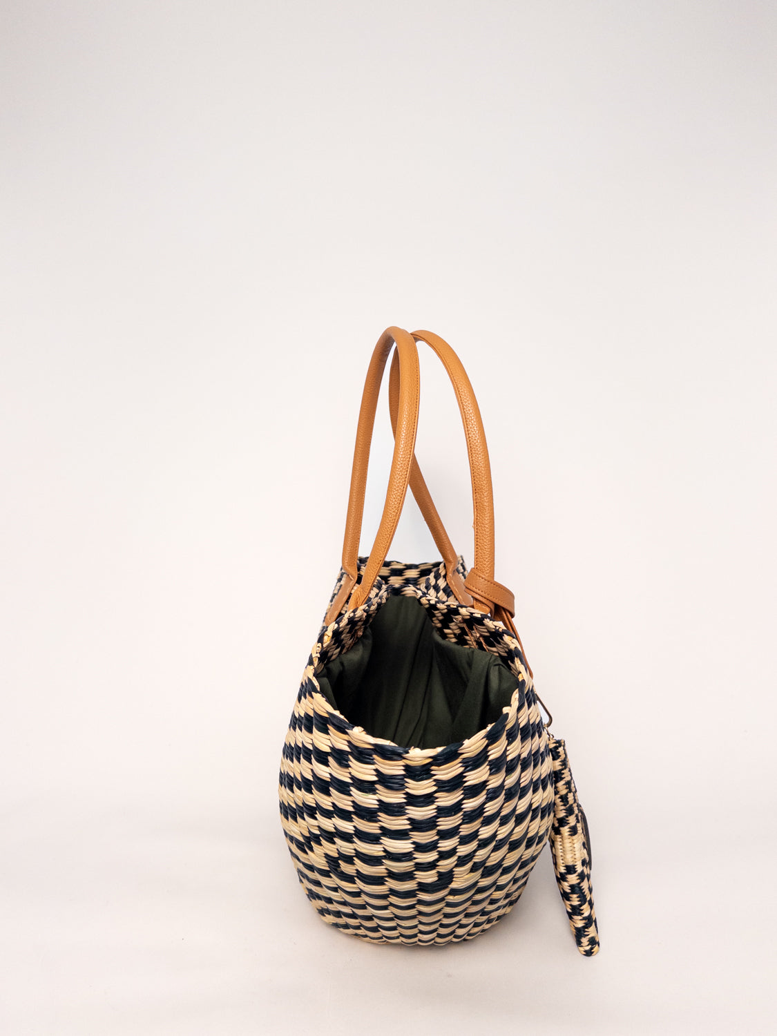 Playa Tote - Checkered Olive Green and Natural, handwoven junco tote bag, with faux leather straps and natural dyes.