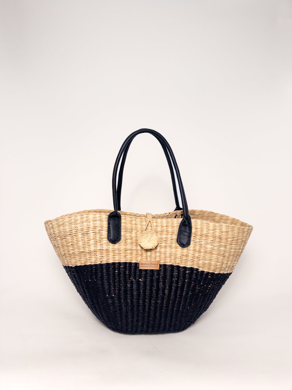 Playa Tote - Half Natural Half Black, handwoven junco tote bag, natural dyes, faux leather straps.